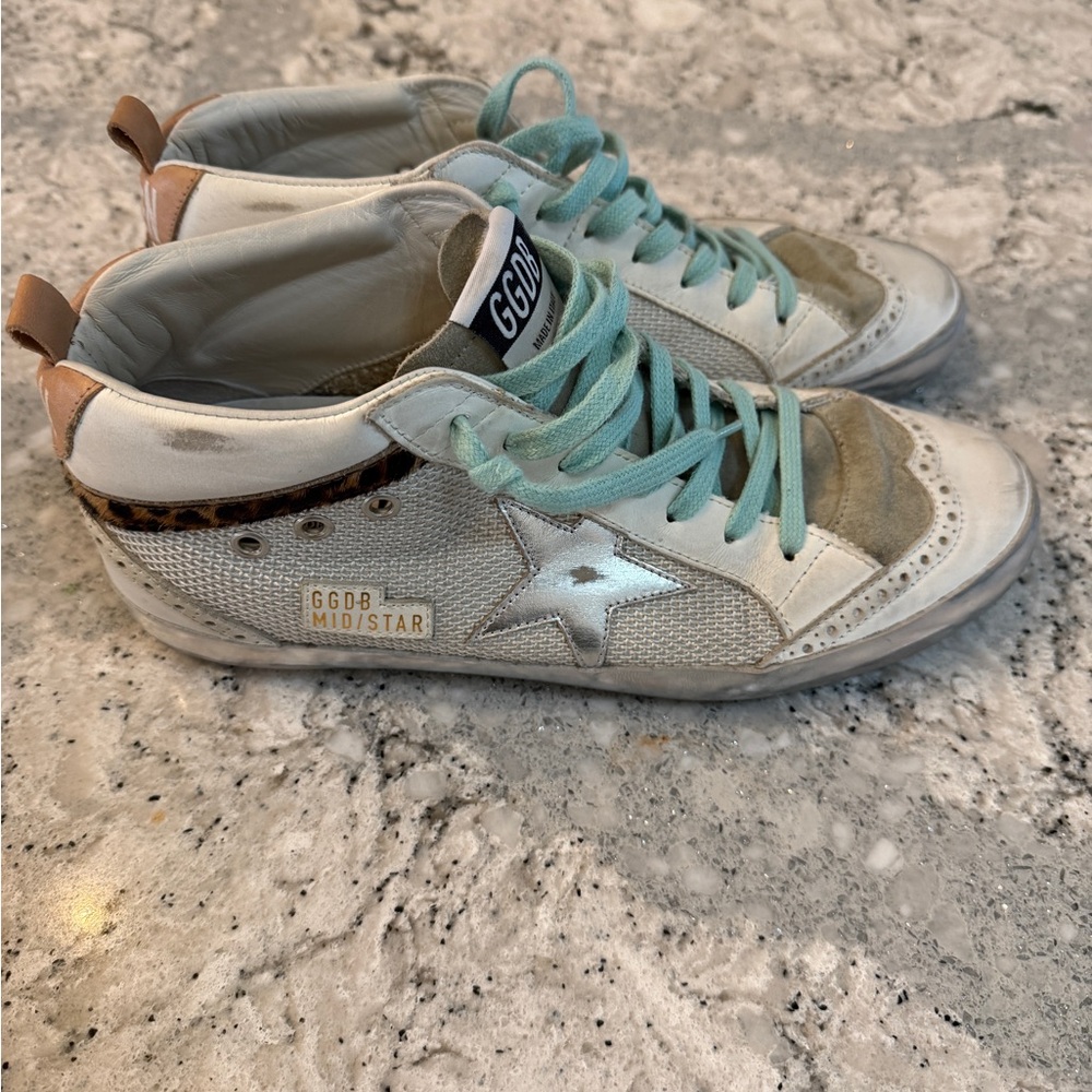 Golden Goose Mid Star Sneakers with Teal Laces and Leopard Accent